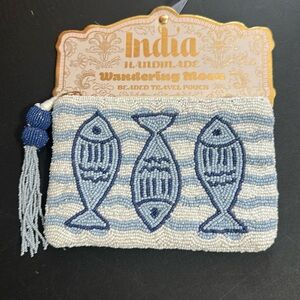 Wandering Moon, Blue & White Beaded Sardine Coin Purse, Handmade In INDIA